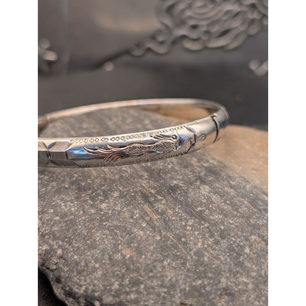 Vintage Sterling 925 Engraved Bracelet Floral Pattern Silver Bangle